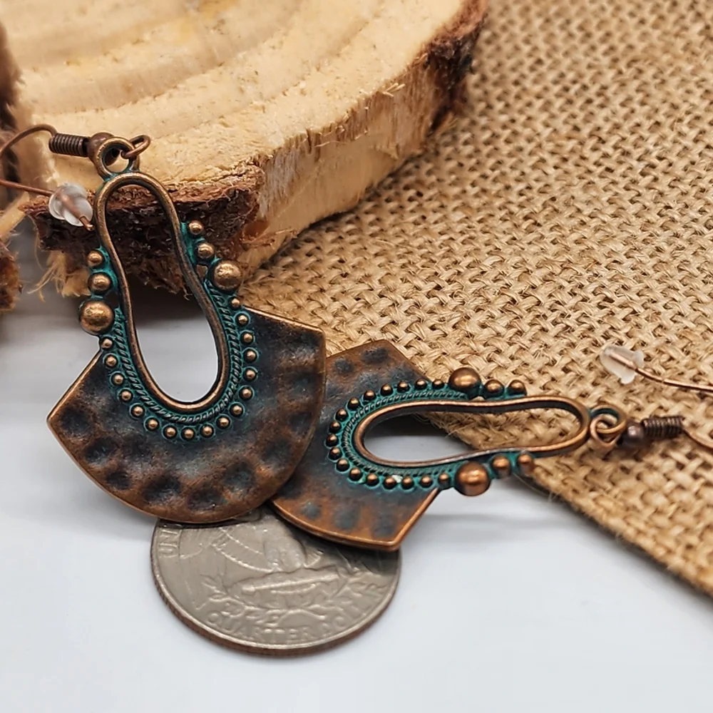 Boho Jewelry Hammered Copper Antique Gold Green Patina Drop Earrings